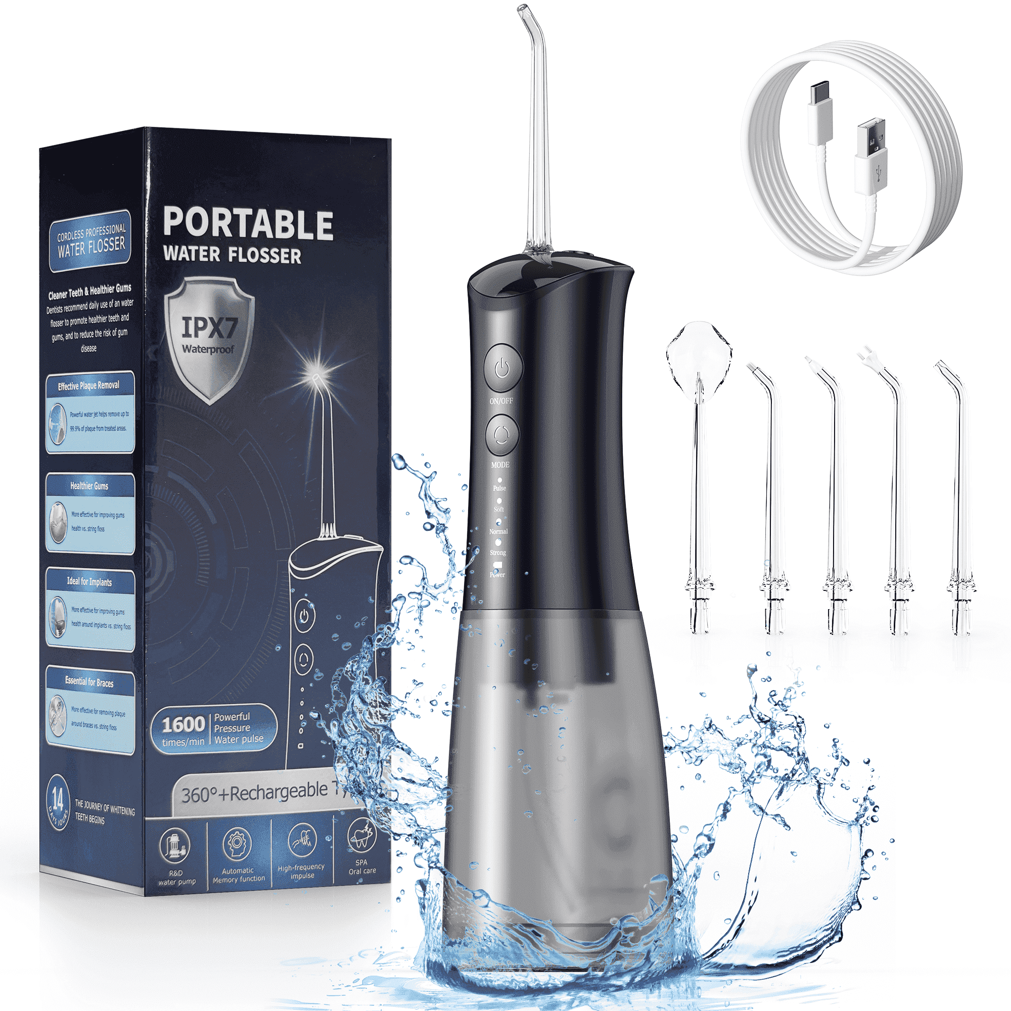 VIIWII Portable Water Flosser ¨C 360ML Oral Irrigator for Teeth & Braces, IPX7 Waterproof, Rechargeable Dental Cleaner with 5 Nozzles, Black