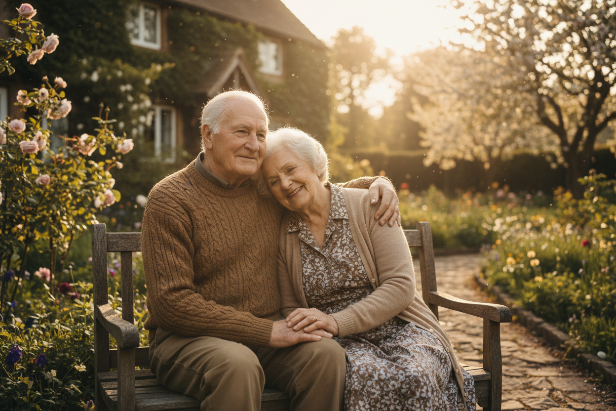 阳光明媚的下午 一个老爷爷搂着老奶奶