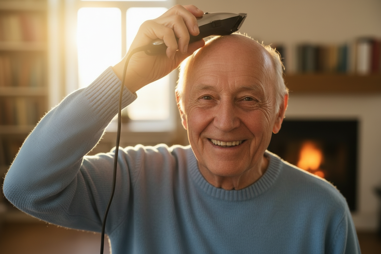 一个光头老人很开心的拿着光头机在头顶