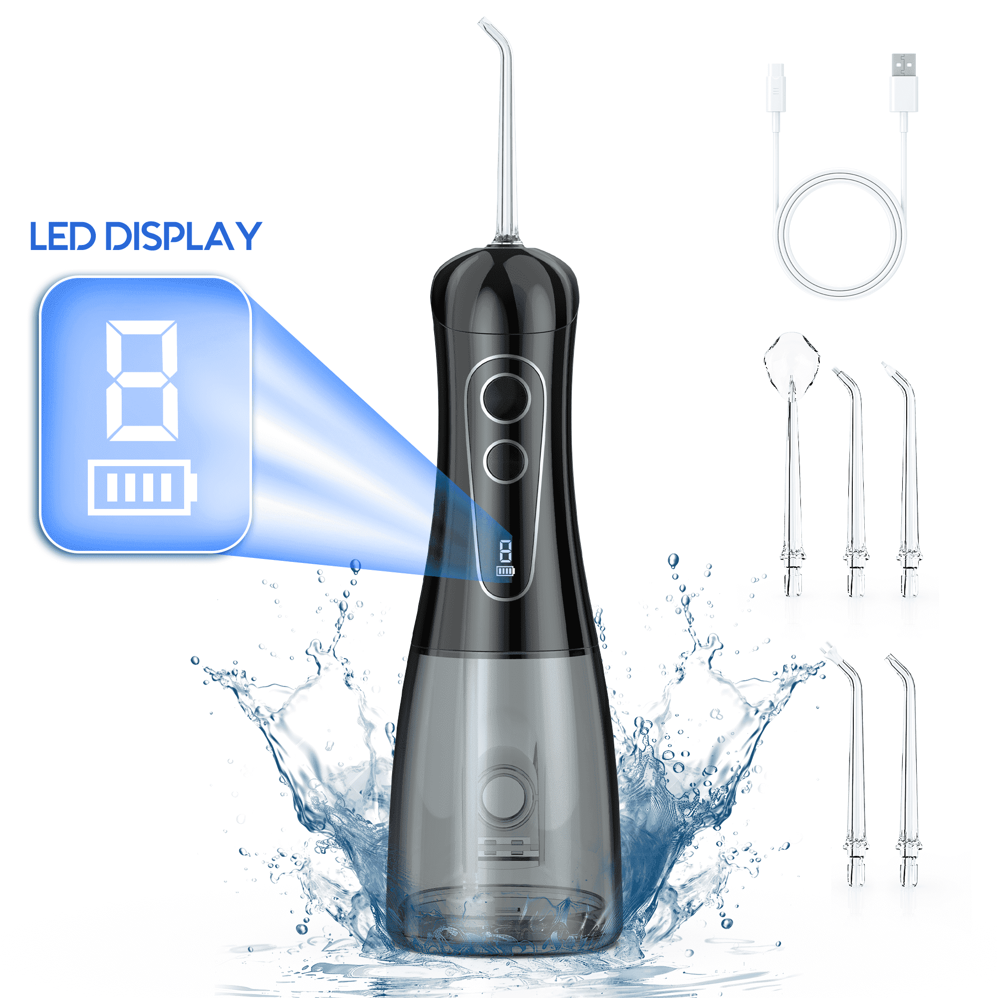 VIIWII Cordless Water Flosser , 400ML Large Tank Oral Irrigator, 8 Modes with LED Display, IPX7 Waterproof, Rechargeable Portable Dental Flosser for Home Travel (Black)