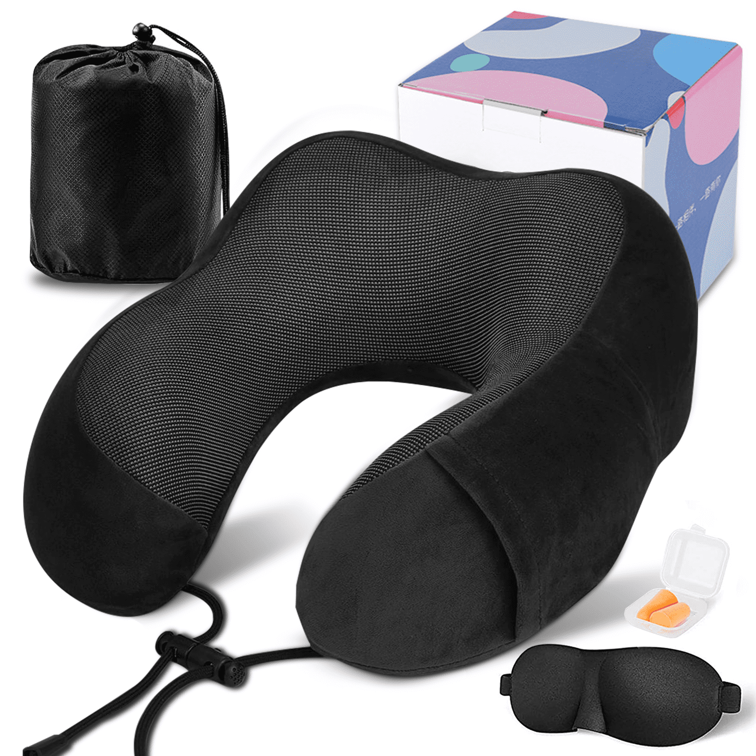VIIWII Travel Pillow for Adults Memory Foam Neck Pillows for Sleeping on Airplane Lightweight Black
